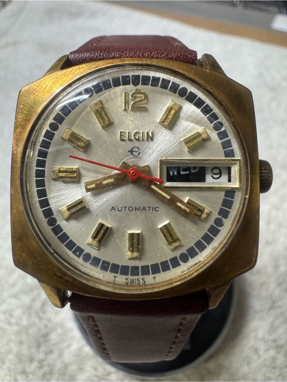 Elgin Men's Automatic Gold-Tone Watch with Brown Strap and Day-Date